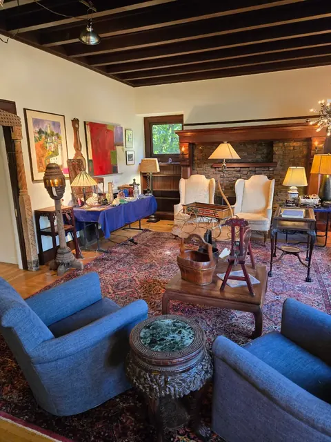 Staged craftsman living room with fireplace