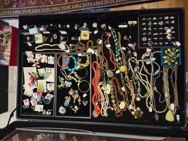 Estate jewelry case: necklaces, earrings and rings, tagged and priced