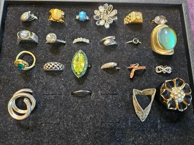 Tray of rings, priced and displayed